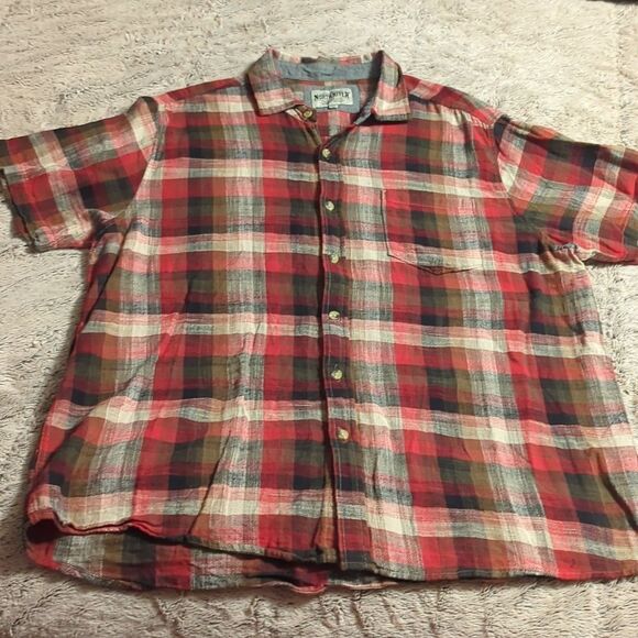 NORTH RIVER MEN SHIRT 2XL PLAID RED BROWN WHITE SHORT SLEEVE BUTTON FRONT POCKET - Picture 1 of 6